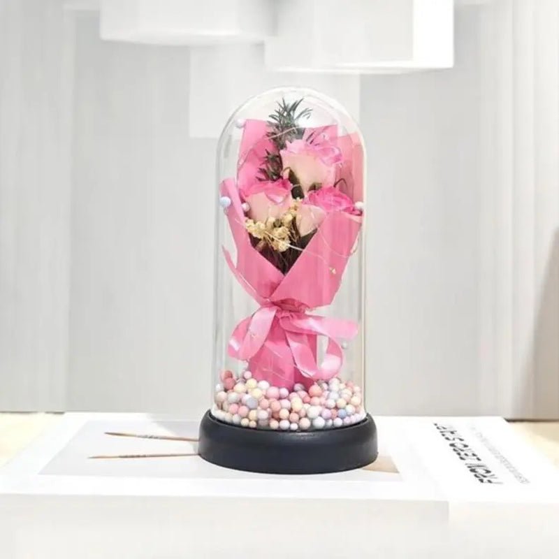 Lighted Acrylic Dome Eternal Flower Bouquet - Preserved Soap Roses, Carnations, Tulips, 3 Pink Flowers, Decor Ornaments, Room Decor, Valentine Floral, Mother’S Day Gift for Mom,Summervibes