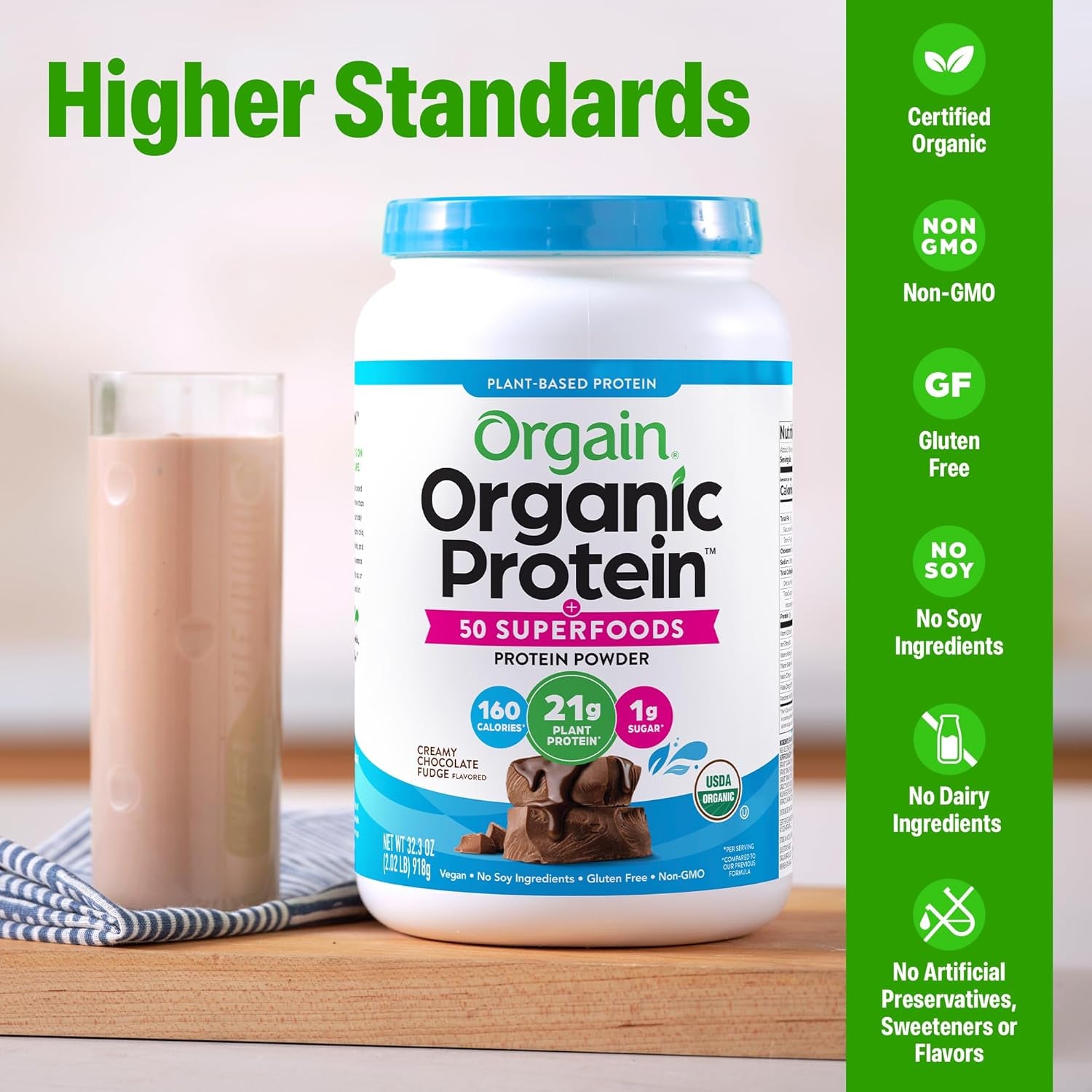 Organic Vegan Protein + 50 Superfoods Powder, Creamy Chocolate Fudge - 21G Plant Based Protein, 9G Prebiotic Fiber, No Lactose, Gluten Free, No Added Sugar, 2.02 Lb (Packaging May Vary)