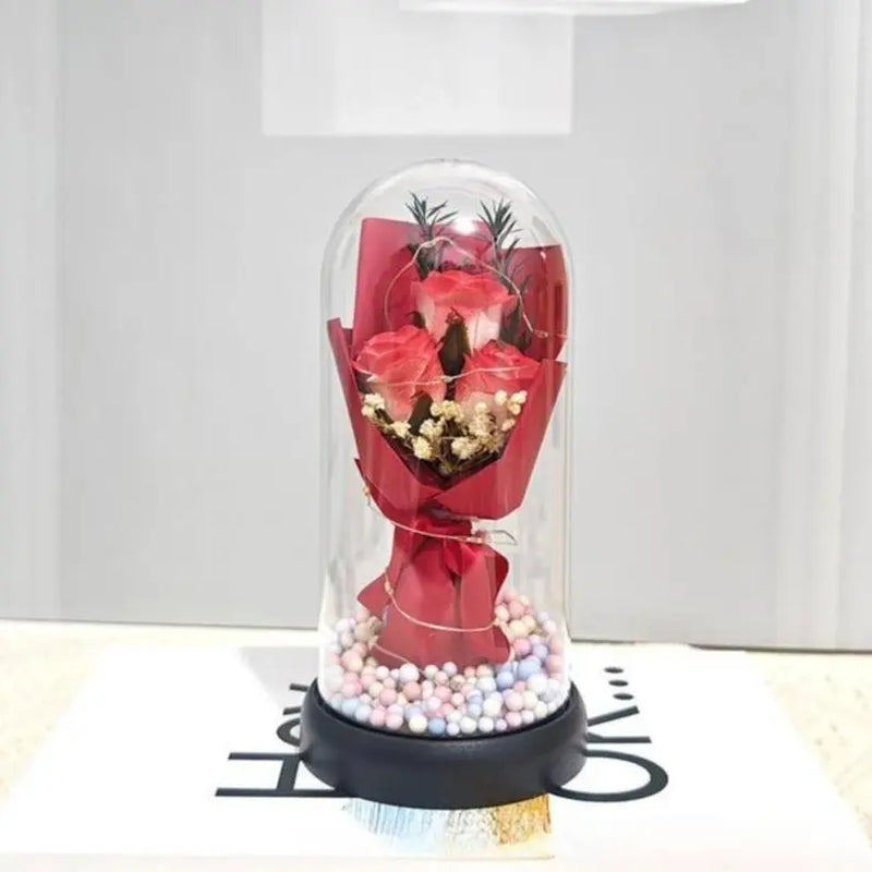 Lighted Acrylic Dome Eternal Flower Bouquet - Preserved Soap Roses, Carnations, Tulips, 3 Pink Flowers, Decor Ornaments, Room Decor, Valentine Floral, Mother’S Day Gift for Mom,Summervibes