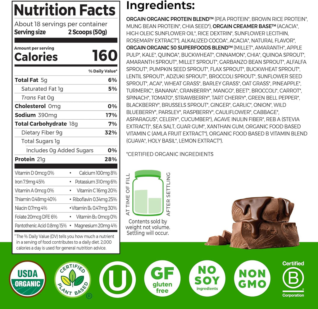 Organic Vegan Protein + 50 Superfoods Powder, Creamy Chocolate Fudge - 21G Plant Based Protein, 9G Prebiotic Fiber, No Lactose, Gluten Free, No Added Sugar, 2.02 Lb (Packaging May Vary)