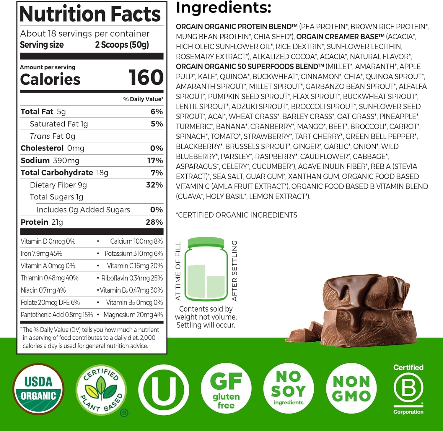 Organic Vegan Protein + 50 Superfoods Powder, Creamy Chocolate Fudge - 21G Plant Based Protein, 9G Prebiotic Fiber, No Lactose, Gluten Free, No Added Sugar, 2.02 Lb (Packaging May Vary)
