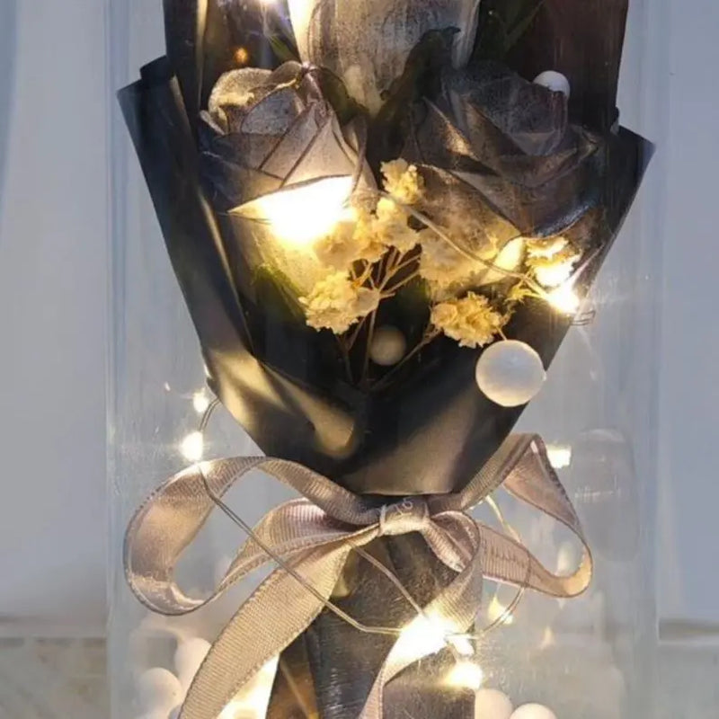 Lighted Acrylic Dome Eternal Flower Bouquet - Preserved Soap Roses, Carnations, Tulips, 3 Pink Flowers, Decor Ornaments, Room Decor, Valentine Floral, Mother’S Day Gift for Mom,Summervibes