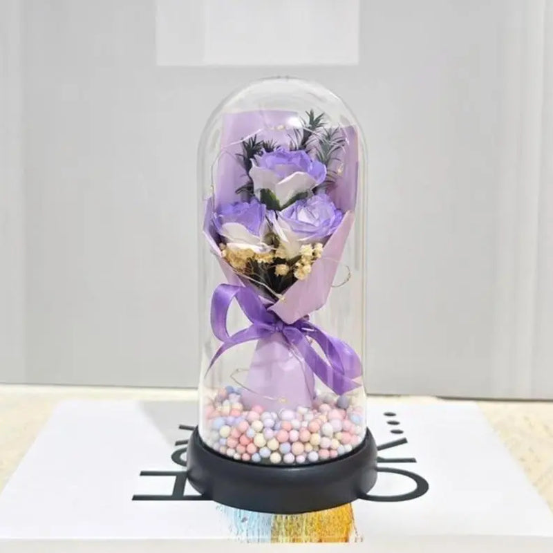 Lighted Acrylic Dome Eternal Flower Bouquet - Preserved Soap Roses, Carnations, Tulips, 3 Pink Flowers, Decor Ornaments, Room Decor, Valentine Floral, Mother’S Day Gift for Mom,Summervibes