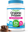 Organic Vegan Protein + 50 Superfoods Powder, Creamy Chocolate Fudge - 21G Plant Based Protein, 9G Prebiotic Fiber, No Lactose, Gluten Free, No Added Sugar, 2.02 Lb (Packaging May Vary)