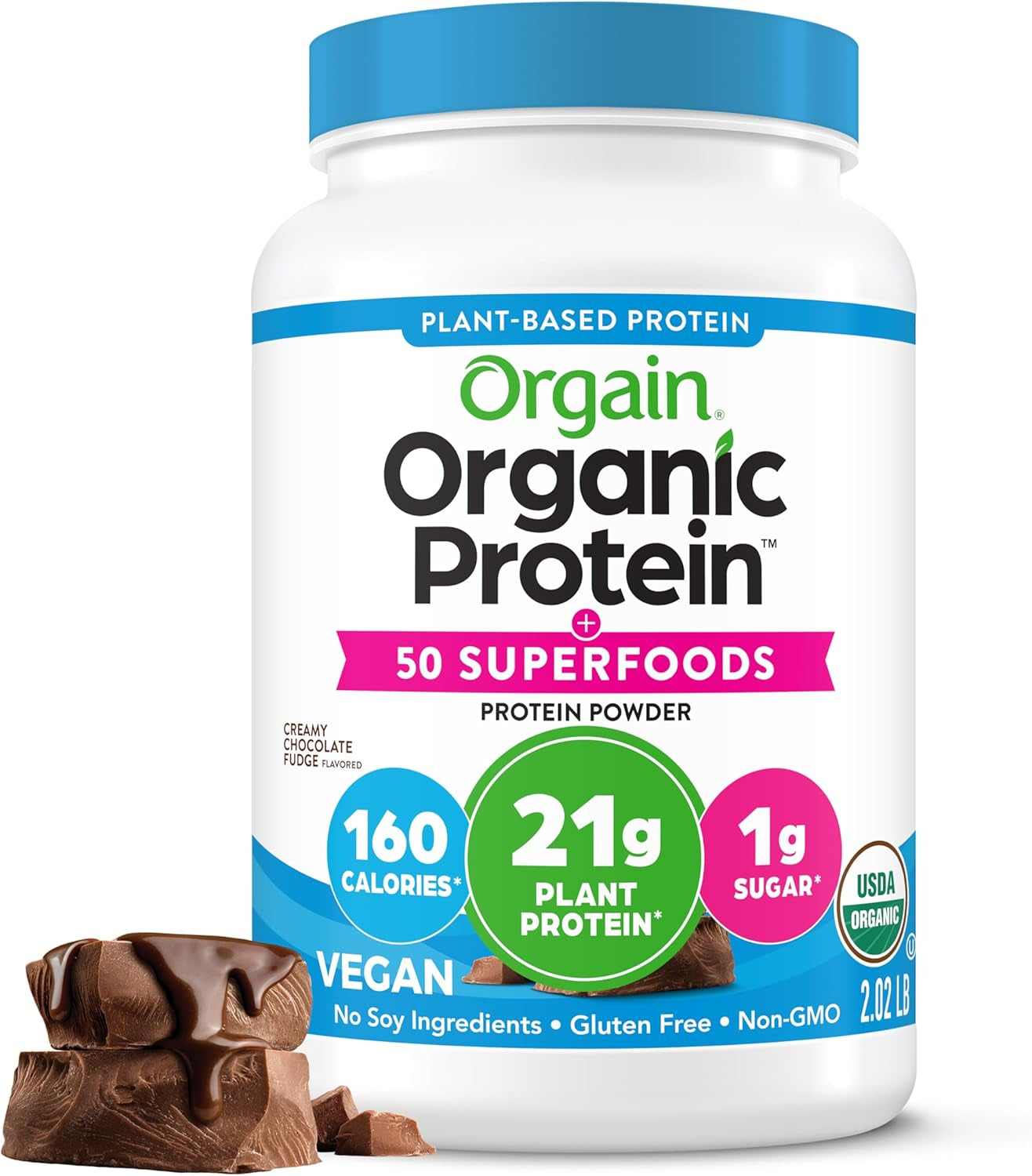Organic Vegan Protein + 50 Superfoods Powder, Creamy Chocolate Fudge - 21G Plant Based Protein, 9G Prebiotic Fiber, No Lactose, Gluten Free, No Added Sugar, 2.02 Lb (Packaging May Vary)