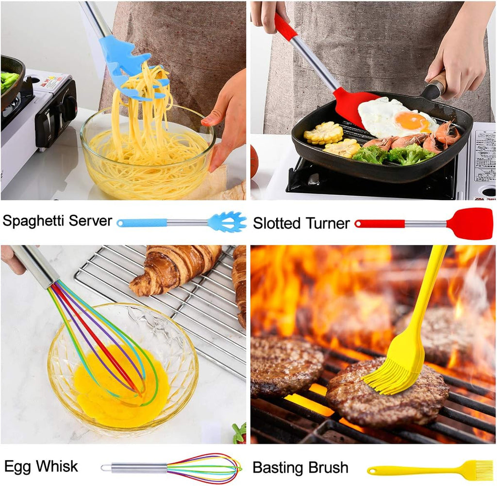 DIJA Silicone Cooking Utensils Set, 31Pcs Kitchen Utensils Set, Heat Resistant Non-Stick Silicone Spatula Set with Stainless Steel Handle Bpa-Free Kitchen Cooking Tools Set - Colorful